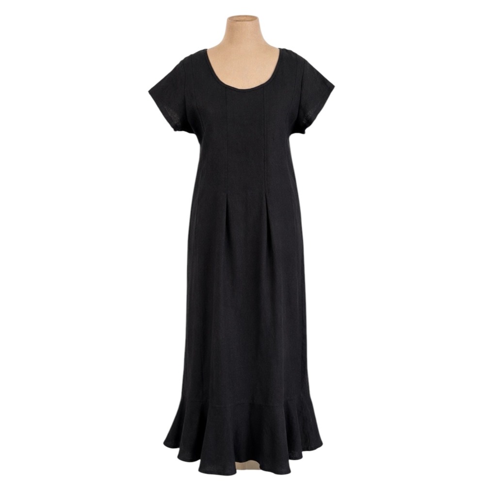 Cotton Connection Black 100% Linen Ruffle Hem Maxi Dress Large Short Sleeve Cap